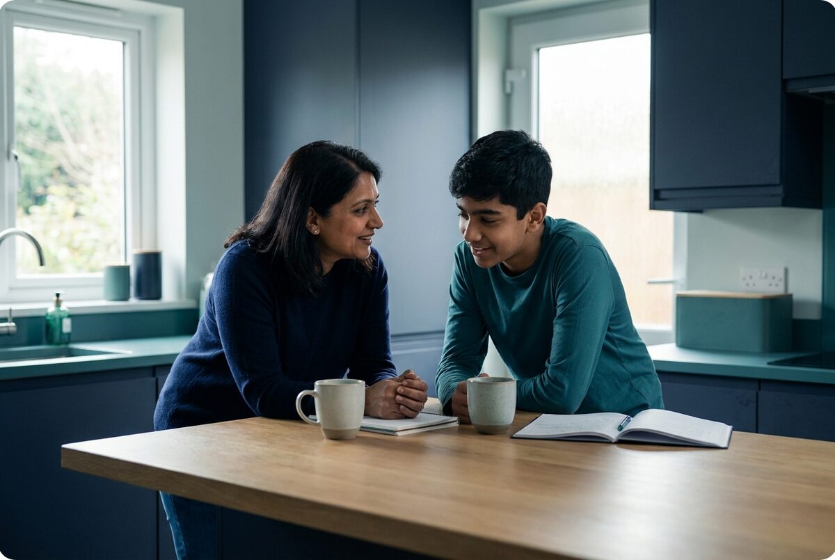 An Indian parent and teenage child in conversation at a kitchen table