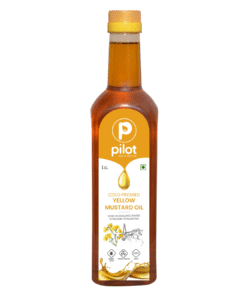 Bottle of PIlot Kacchi Ghani Yellow Mustard Oil on a white background.